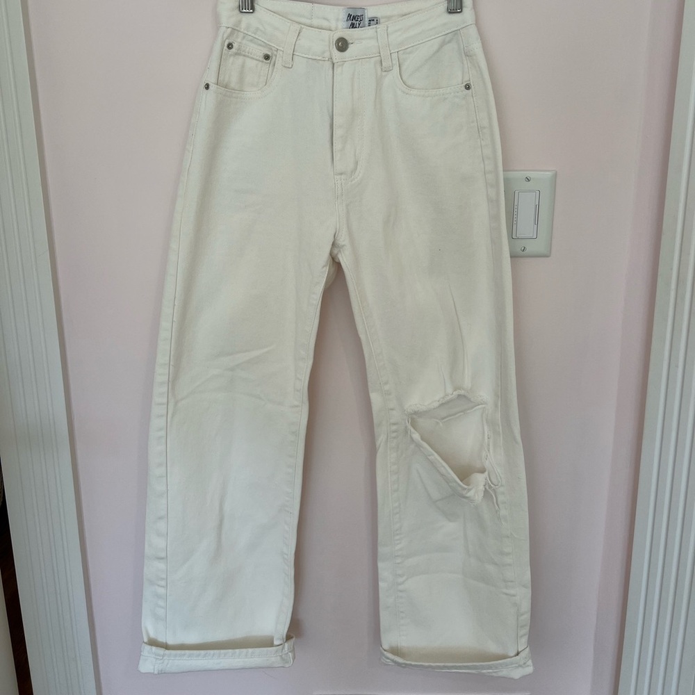 Princess Polly white jeans with rip in knee